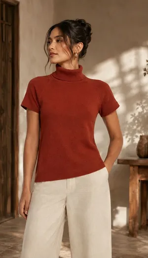 Luca Luca 100% Cashmere Rust‎ Short Sleeve Turtleneck Sweater L thumbnail 1