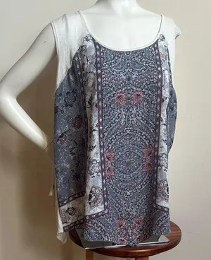 Maurices White and Blue Paisley Tank Top with handkerchief edge thumbnail 1