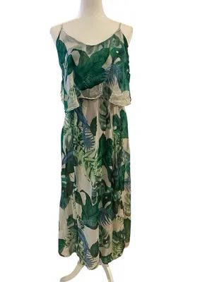 Elena Baldi Old Money Quiet Luxury Boho Green Floral Flowy Maxi Dress S thumbnail 2