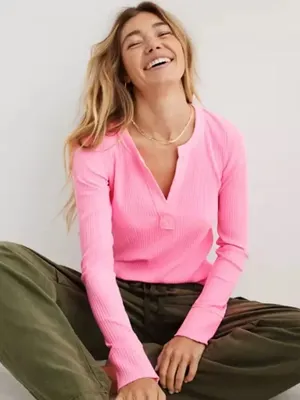 Aerie Bright Pink Ribbed Long Sleeve Henley Top neon tee crop vneck fitted thumbnail 2