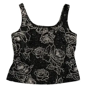 Alex Evenings Beaded Glitter Rose Knit Tank Top Sz Medium M Black Silver Shimmer thumbnail 1
