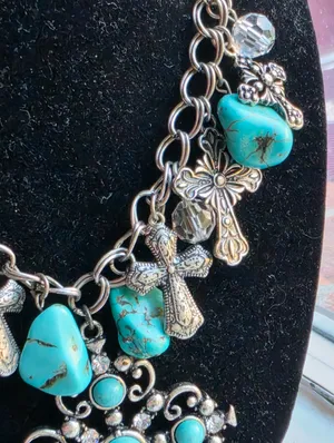 Western Turquoise & Crystal Cross Charm necklace thumbnail 4