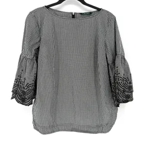 Lauren Ralph Lauren Blouse Gingham Black White Embroidered Bell Sleeve Top M/L thumbnail 2