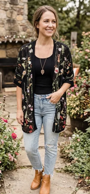 Mesh + Lace Black Floral Embroidered Pointelle Knit Kimono Cardigan Large S3281M thumbnail 1