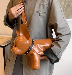 Nwot brown vegan leather French bull dog puppy purse unique dog bag crossbody thumbnail 2