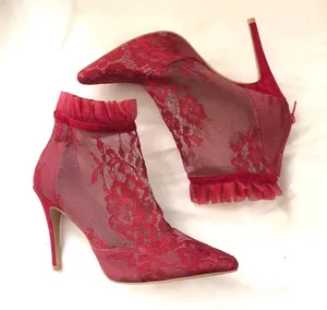 Red mesh high heel ankle 4” stiletto heels boots booties lace detail and ruffle trim - US Women 7.5 Very comfortable & sturdy to walk #whimsygoth #grunge #romantic #coquette thumbnail 2