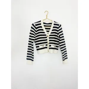 Anthropologie Line + Dot Laurel Cropped Knit Cardigan Size Small Black Striped thumbnail 4