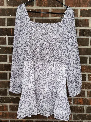NWT 1.State Purple Floral Long Blouson Sleeve Smocked Ruffle Hem Dress thumbnail 1