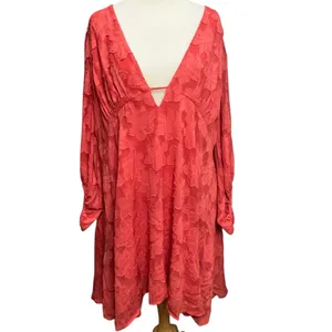 Anthropologie Plunge Mini Dress 16W Pink‎ Jacquard Floral Flirty Boho Feminine thumbnail 2