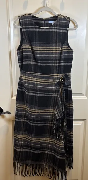 Antonio Melani Tula Plaid Print Wrap Front Fringe Hem Midi Dress Sz 6 Old Money thumbnail 1