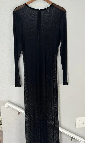 Neiman Marcus Black Maxi Long Sleeve Mesh Dress Swim Coverup Clubbing Sexy Large thumbnail 1