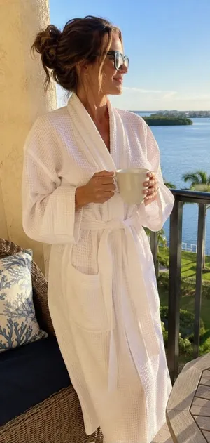 Monarch White Waffle Weave Spa Robe Unisex One Size Belted Hotel Resort Cotton thumbnail 1