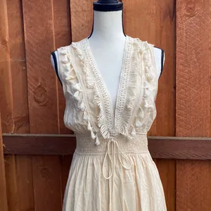 CUPSHE Cream V Neck Sleeveless Lace Tassel Smocked Waist Maxi Dress Size M thumbnail 6