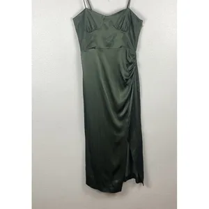 ZARA Green Satin Ruched Sweetheart Slip Midi Dress Spaghetti Strap Size S thumbnail 2