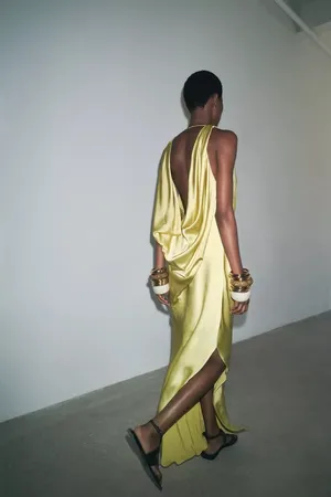 Zara maxi dress zwcollection satin flowy Sleeveless Lime evening party wedding thumbnail 11