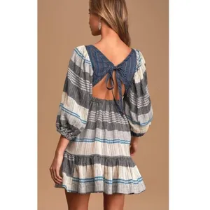 Free People All Lined Up Striped Boho Peasant Milkmaid Dress Open Back XS thumbnail 2