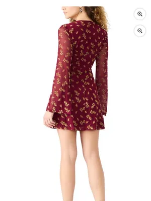 Betsey Johnson Women’s Babydoll Mini Dress L Burgundy Floral Long Sleeve NWT thumbnail 3
