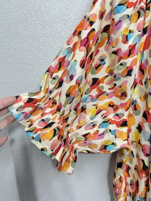 Liverpool Multicolor Puff-Sleeve Blouse XL Dot Print V Neck Short Sleeve READ thumbnail 2