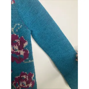 Garnet Hill Intarsia Sweater Teal Magenta Roses Wool Blend Small thumbnail 6