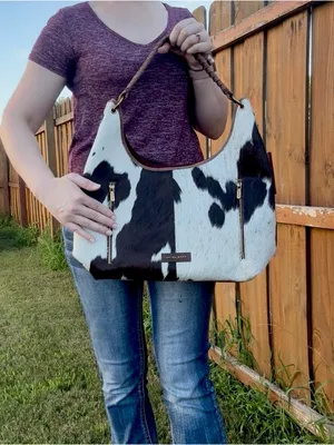 Loyal West- Conceal Carry Cowhide Hobo Bag with Braided Handle - Black & White thumbnail 5