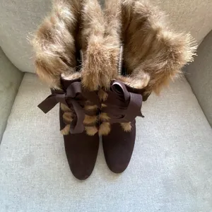 LOFT Chocolate Fur-Trimmed Heeled cozy Boots suede 7 thumbnail 10