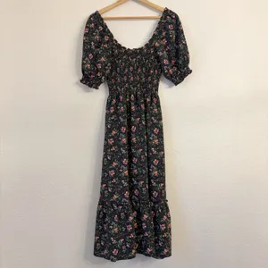 Hill House Home Louisa Nap Dress S Berry Crepe Smocked Floral Midi Tiered Black thumbnail 7