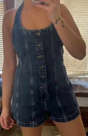 American Eagle Denim Overalls Halter Top Shorts S thumbnail 1