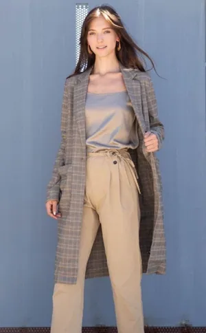 Irene’s Story Umber Oversized Plaid Striped Fall Winter Trench Coat Jacket thumbnail 4