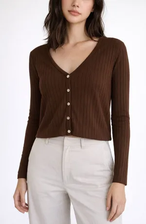 $59 New OGLmove Wide Rib V-neck Cardigan - Brown Small thumbnail 1