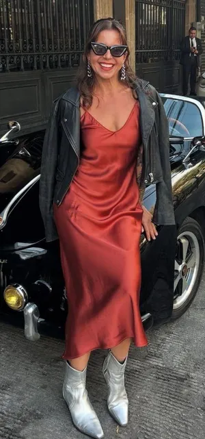Zara maxi dress cognac rust satin slip midi casual summer thumbnail 1