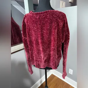 Altar’d State Red Chenille Cabincore Scalloped Hem Sweater Small thumbnail 4