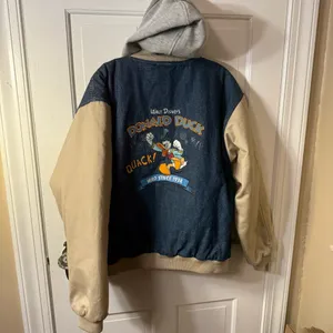 Vintage Disney Donald Duck Varsity Denim Jean And Khaki Jacket With Hood Size M thumbnail 8