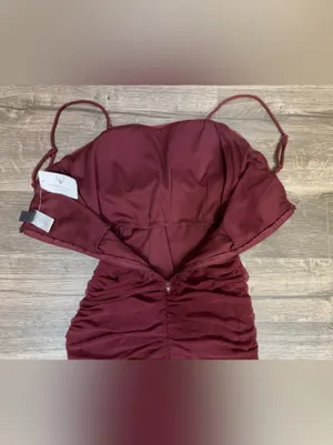 Windsor Burgundy Ruched Mesh Bodycon Midi Dress NWT XS Wine Red Cocktail Party thumbnail 4