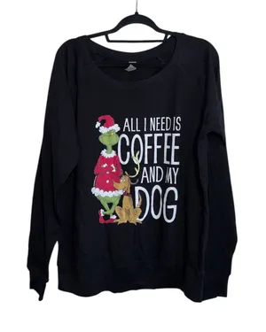 The Grinch Coffee and Dog Graphic Top Black Long Sleeve Christmas thumbnail 1
