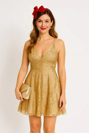 Dress the Population Gold Metallic Lace V Neck Fit Flare Cocktail Mini Dress S thumbnail 5