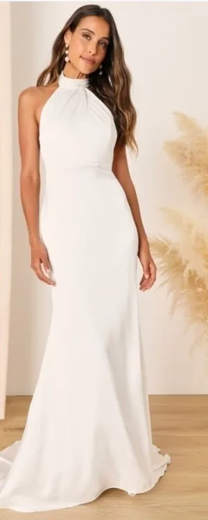 LULU's Bridal White Satin Backless High Neck Mermaid Trumpet Maxi Gown NWOT thumbnail 1