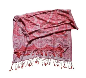 Pashmina(?) Silk Wool Paisley Scarf Wrap Shawl Rectangle Fringe Red Orange EUC thumbnail 2