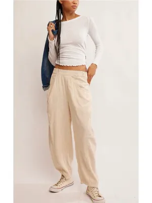 🆕 NWT Free People High Road Barrel Pants Linen Boho Wide-Leg Pockets Tan Large thumbnail 6