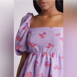Chelsea28 Brocade‎ Puff Sleeve Babydoll Dress in Purple Lupine Floral Size XL thumbnail 3