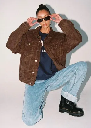 Princess‎ Polly Women Brown Western Boho Oversized Corduroy Trucker Jacket M/L thumbnail 1