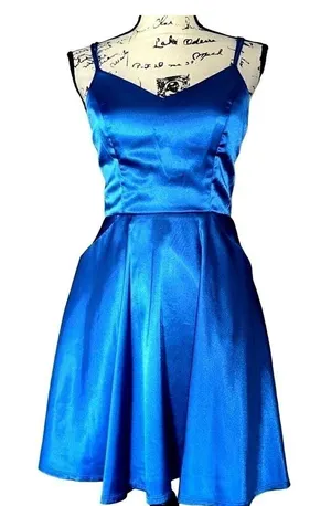City Studio Royal Blue Satin Lace Back Fit and Flare Mini Dress Pockets Size 5 thumbnail 1