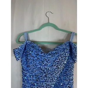 Womens Blue Sequin Ruched Bodycon Mini Dress Sweetheart Off Shoulder thumbnail 6