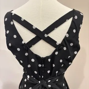 90s Scarlett Black White Polka Dot Fit Flare Dress Criss Cross Back Waist Tie‎ S thumbnail 6