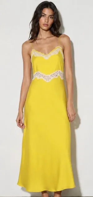 Zara Yellow Satin Finish Slip Dress with White Lace Trim Size Small thumbnail 1