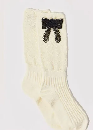 3D Bow Women’s Crew Sock in Ivory with Black Lace Bow Detail Shoe Size 6-10 NWT! thumbnail 1