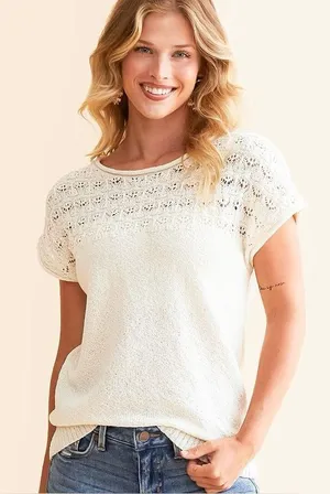 Blu Pepper Eyelet Yolk Short Sleeve Sweater Size Medium thumbnail 1