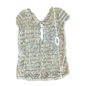 Moa Moa Cream‎ Tan Stripe Feminine Lacy Twist Cap Sleeve Top sz Small thumbnail 7