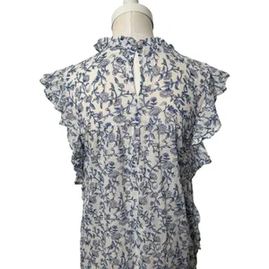 Beachlunchlounge‎ White Blue Floral Ruffle Neck Cotton Sleeveless Blouse Small thumbnail 5