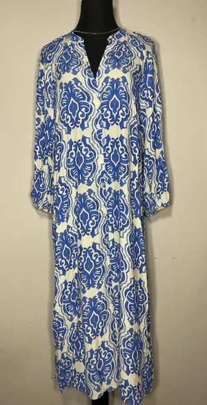 Zara Blue & White Printed Midi Dress Sz S Coastal Grandma thumbnail 1