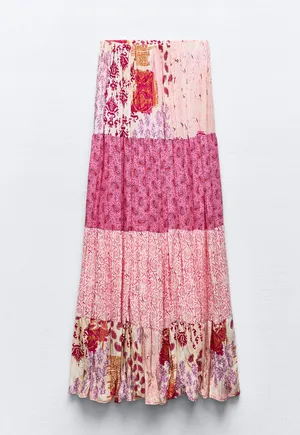 Zara NWT  Pink PATCHWORK PRINT LONG SKIRT. Size Large thumbnail 2